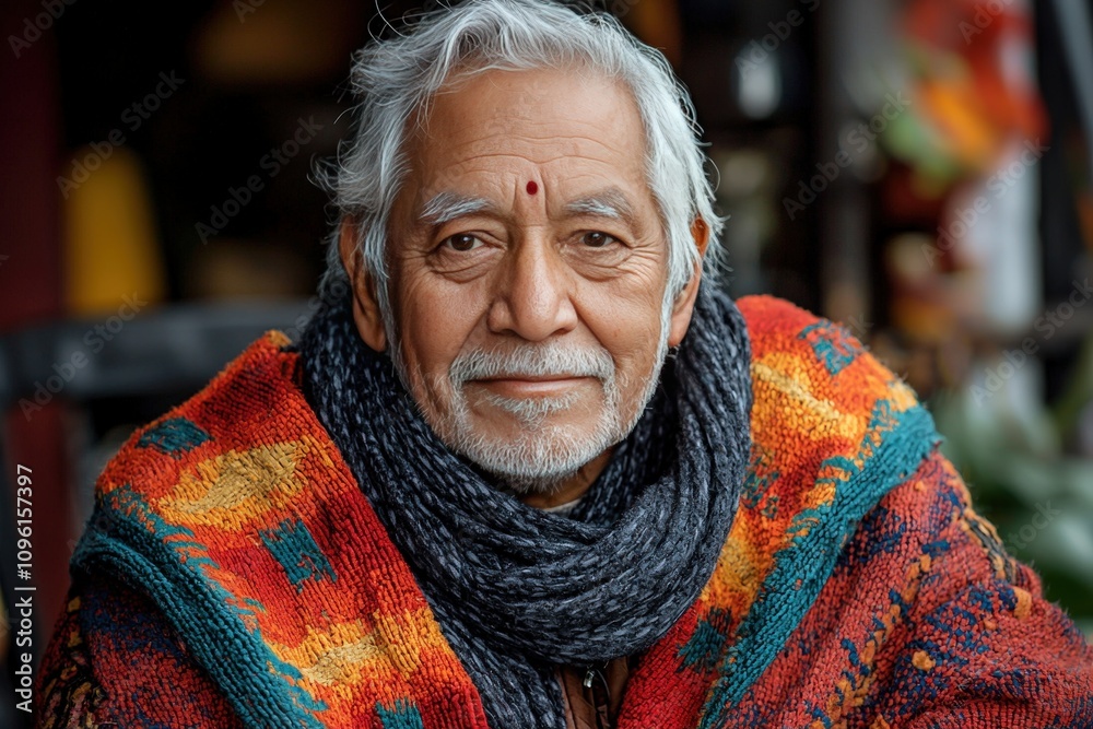 Elderly man in colorful shawl smiling contently