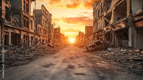 Post-Apocalyptic Cityscape at Sunset: A Devastated Street Scene. AI Generated