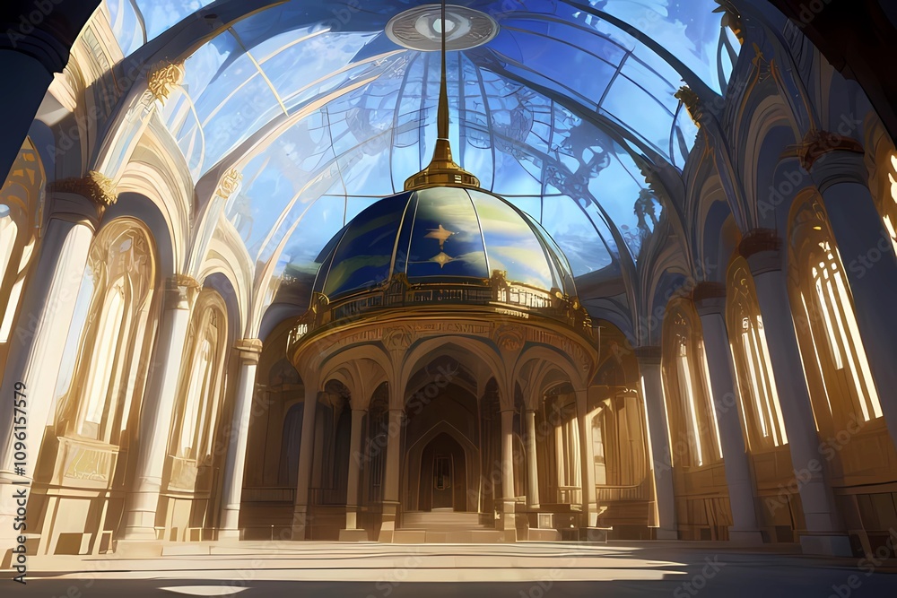 Obraz premium ゲーム背景 ガラスドームの中の神聖ないのりの神殿お城
