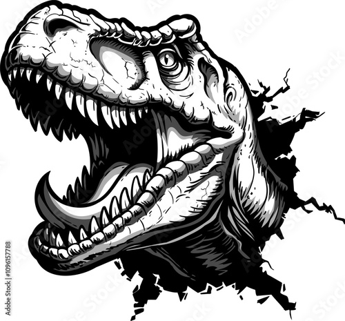 Angry tyrannosaurus crashes the wall. Vector illustration isolated