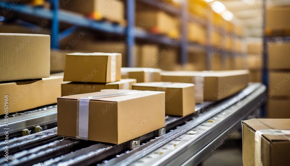 Closeup of multiple cardboard box packages moving seamlessly on a conveyor belt in a warehouse, showcasing streamlined logistics and modern industrial packaging processes. Closeup of multiple cardboard box packages moving seamlessly on a conveyor belt in a warehouse, showcasing streamlined logistics and modern industrial packaging processes.