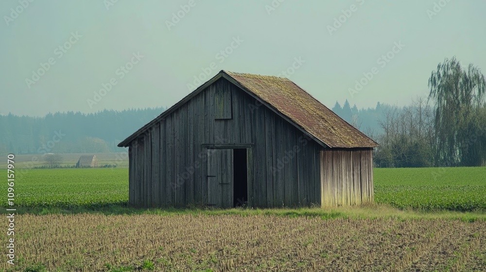 Weathered wooden farm shed in expansive agricultural fields under a clear sky, showcasing rustic charm and tranquility of rural life.