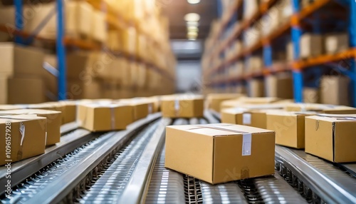 Detailed closeup of cardboard box packages smoothly traveling along a conveyor belt in a busy warehouse, highlighting the efficiency of industrial packaging and automated logistics systems.