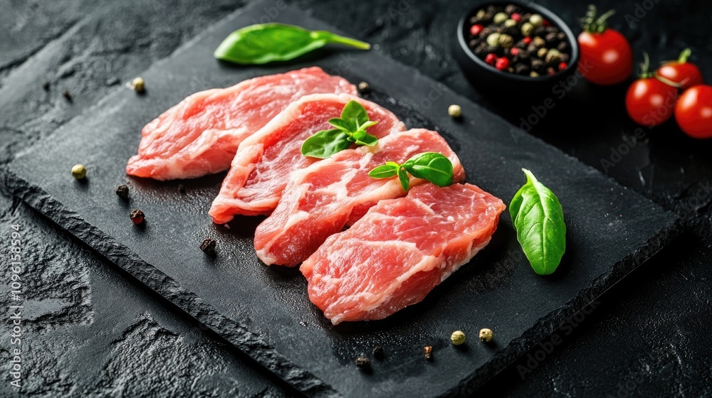 Freshly cut raw pork chops displayed on a black slate board, garnished with herbs, surrounded by colorful peppercorns and cherry tomatoes. Freshly cut raw pork chops displayed on a black slate board, garnished with herbs, surrounded by colorful peppercorns and cherry tomatoes.