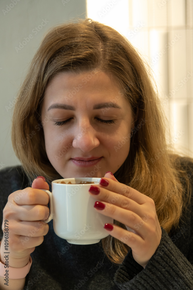 Portrait of pretty brown haired adult caucasian woman holding white blank porcelain cup of americano coffee by her face with closed eyes. Soft focus. People and hot drinks business theme. Portrait of pretty brown haired adult caucasian woman holding white blank porcelain cup of americano coffee by her face with closed eyes. Soft focus. People and hot drinks business theme.