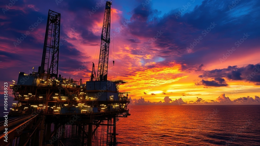 Obraz premium Vibrant Sunset Over Offshore Oil Rig and Calm Ocean Waters