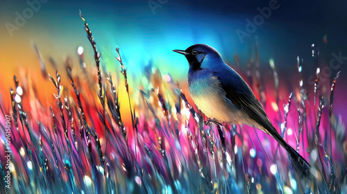 Hummingbird Resting on Water with a Colorful Reflective Background photo