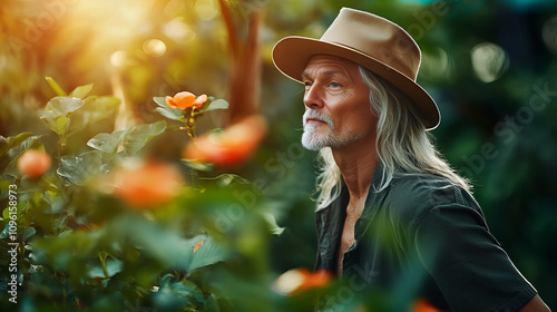 Banner of man exploring nature with vibrant green surroundings hat mysterious aura bright sunlight gentle breeze journey discovering connecting essence soul deep reflection photo