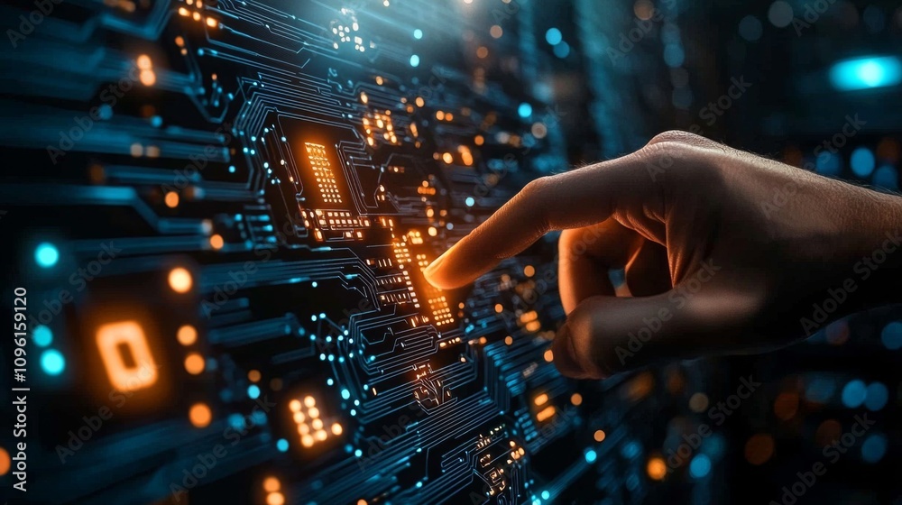 Futuristic interface with glowing circuit board and hand pressing button, depicting technology and connectivity in server room setting. Futuristic interface with glowing circuit board and hand pressing button, depicting technology and connectivity in server room setting.