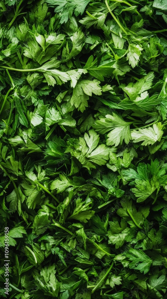 Close-up of fresh parsley leaves in vibrant green, showcasing detailed textures and natural appeal. Ideal for cooking, health, and organic food concepts.
