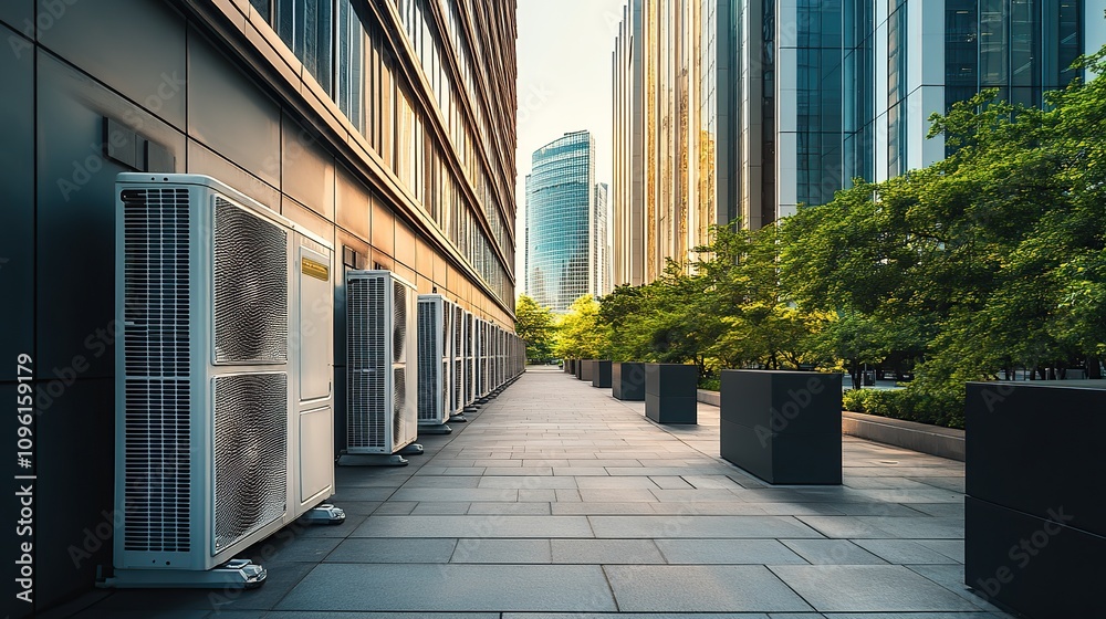 Rows of outdoor air conditioning units line the outside of a modern downtown commercial building
