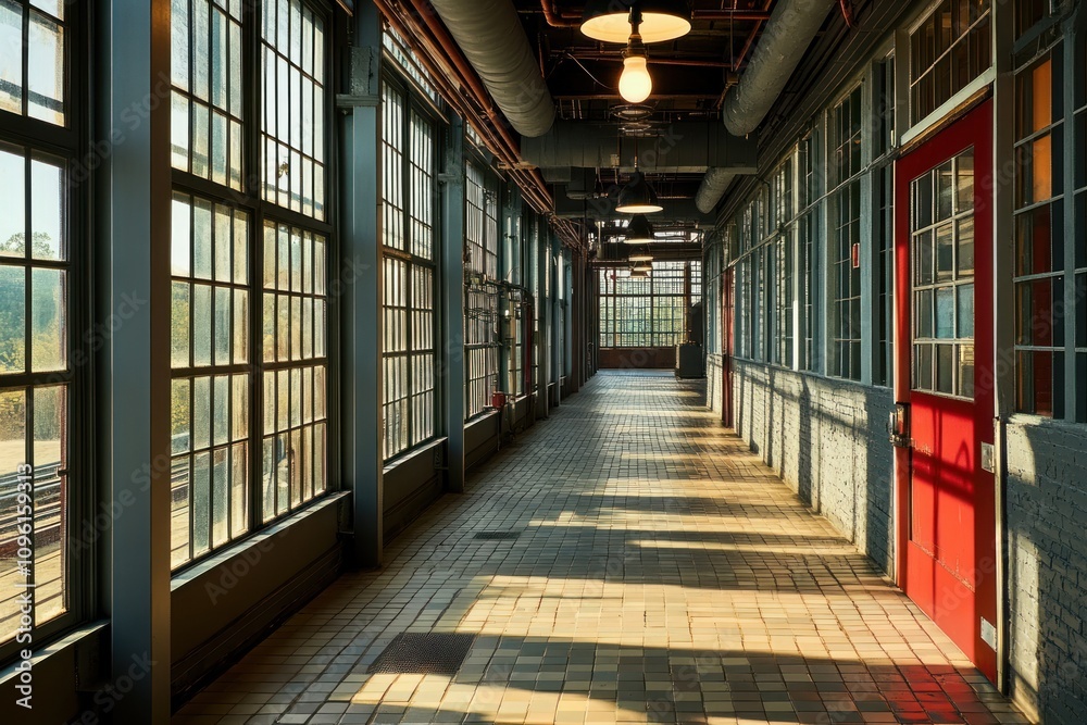A sunlit corridor with large windows and red doors, showcasing industrial architecture. A sunlit corridor with large windows and red doors, showcasing industrial architecture.