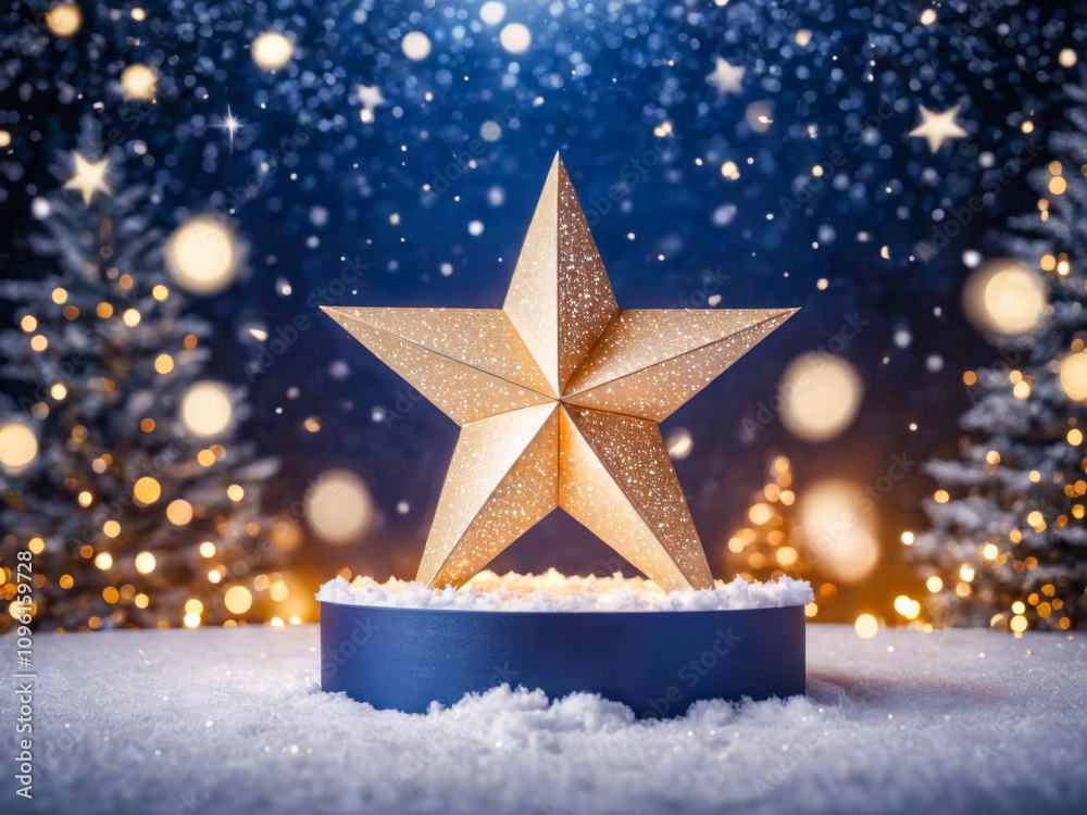 Golden Star on Snowy Base with Christmas Lights Golden Star on Snowy Base with Christmas Lights