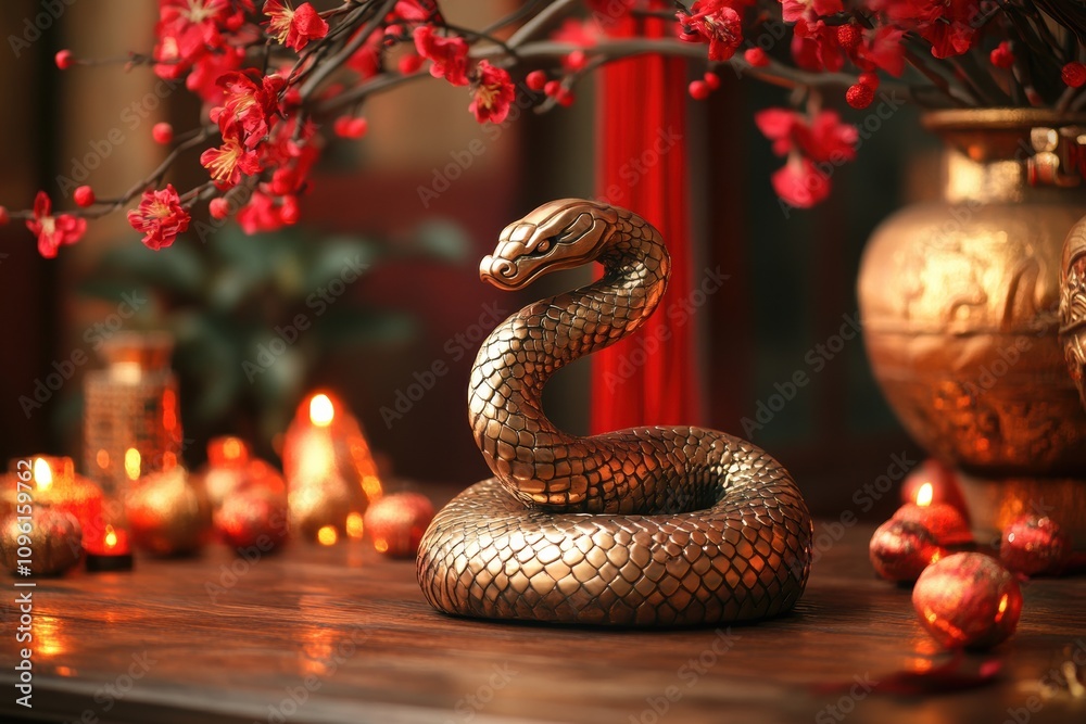 chinese new year decor, an earth snake symbol on a wooden table, surrounded by chinese new year decor, under soft lighting, creating a festive ambiance chinese new year decor, an earth snake symbol on a wooden table, surrounded by chinese new year decor, under soft lighting, creating a festive ambiance
