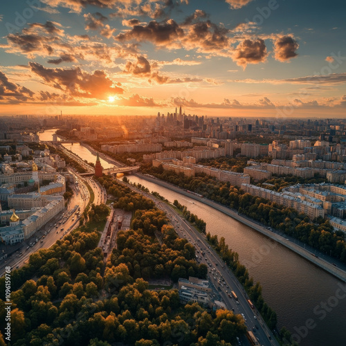 Panorama of Moscow at sunset, Russia. Nice landscape, scenery of city park and Strogino district in Moscow northwest. Aerial panoramic view of Moskva River bays. Scenic Moscow skyline in summer.  photo