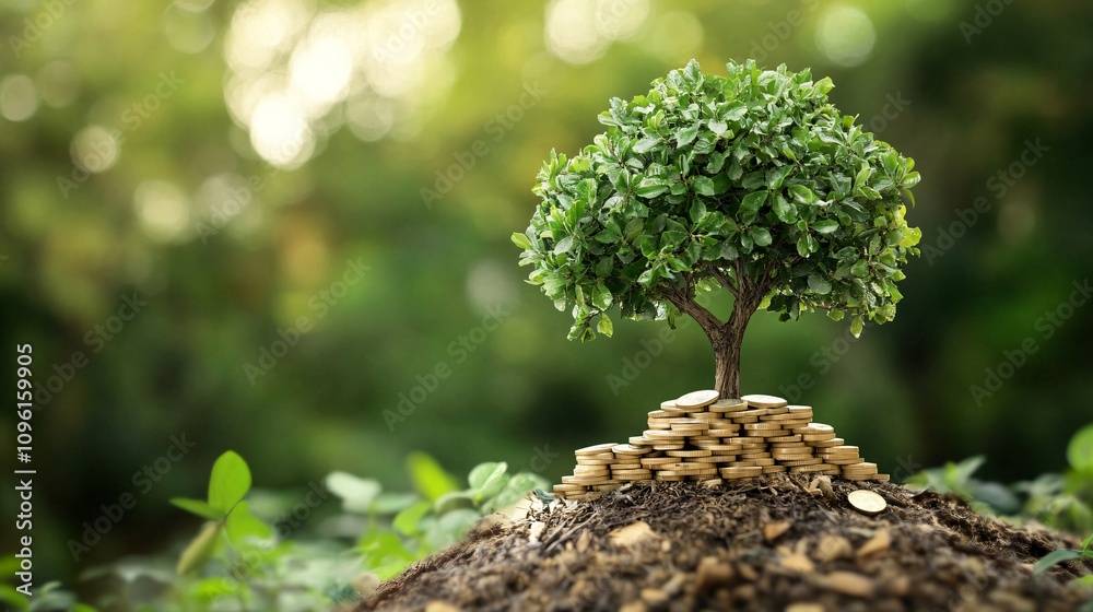 A small tree grows atop a mound of coins, symbolizing financial growth and sustainability in a lush, green environment.