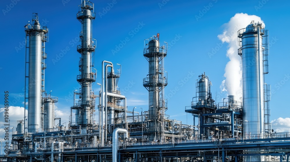 Industrial Complex with Towers and Smoke Against Blue Sky Industrial Complex with Towers and Smoke Against Blue Sky