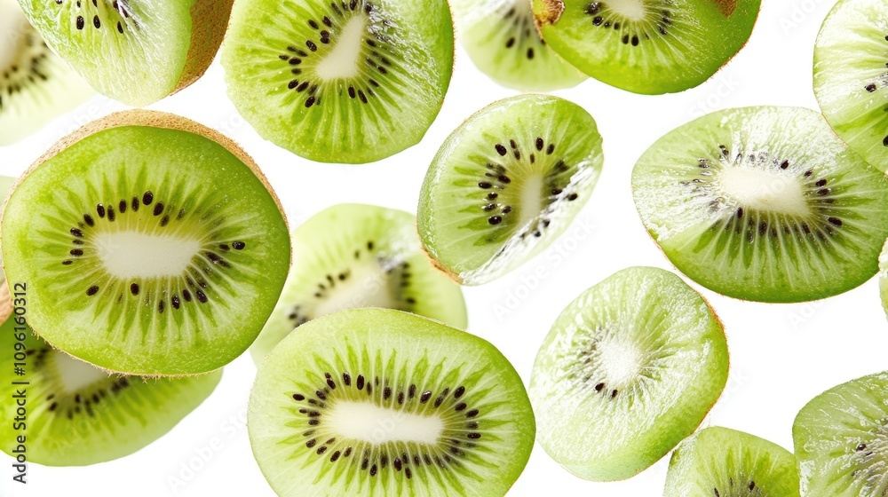 Fototapeta premium Sliced kiwi fruit pieces cascading through the air with vibrant green hues and delicate seeds against a clean white background