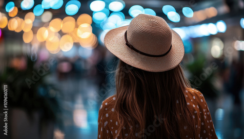 A girl wearing a hat shopping in the mall, close-up shot, bokeh background photo