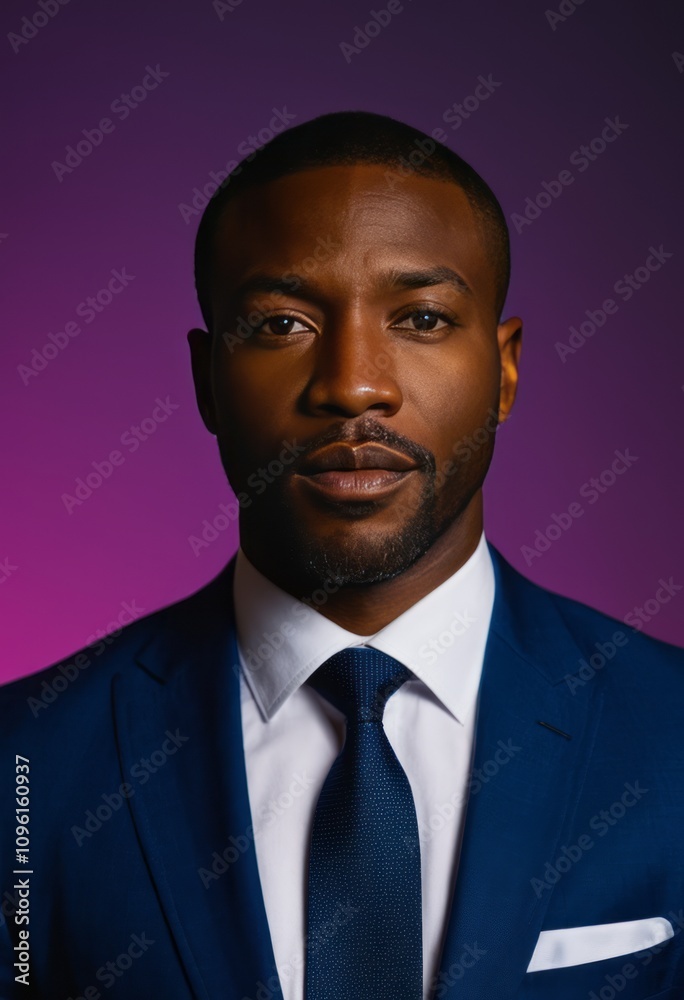 Black man in front of a colored background black businessman portrait Ultra realistic Photorealistic hyperdetailed photography soft light head and shoulders portrait cover