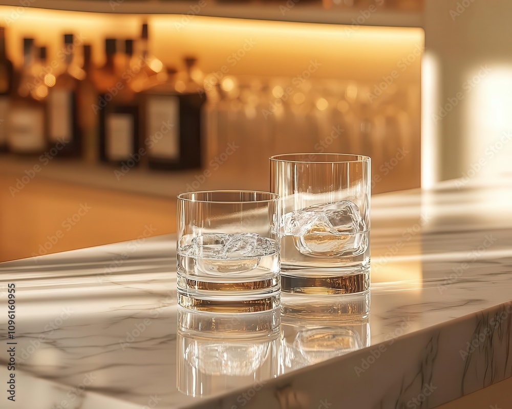 Sleek glassware on a marble bar with soft lighting Sleek glassware on a marble bar with soft lighting