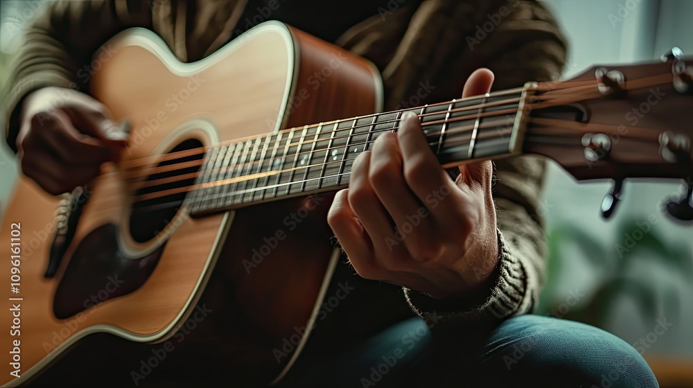 Obraz premium Close-up of Hands Playing Acoustic Guitar in Soft Natural Light
