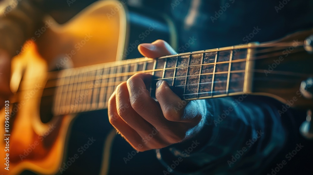 Close-up of a Person Playing Acoustic Guitar in Warm Lighting Close-up of a Person Playing Acoustic Guitar in Warm Lighting