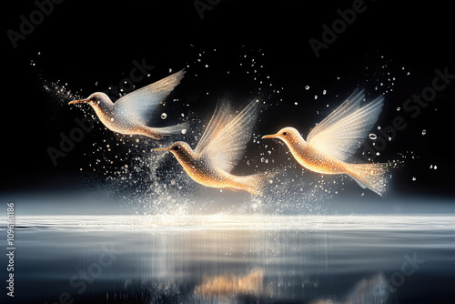 Golden Terns Splashing in Synchrony on a Reflective Water Surface