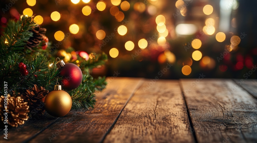 Wooden table in focus with festive Christmas decorations, blurred background of bokeh lights and winter greenery creating a cozy holiday atmosphere. Wooden table in focus with festive Christmas decorations, blurred background of bokeh lights and winter greenery creating a cozy holiday atmosphere.