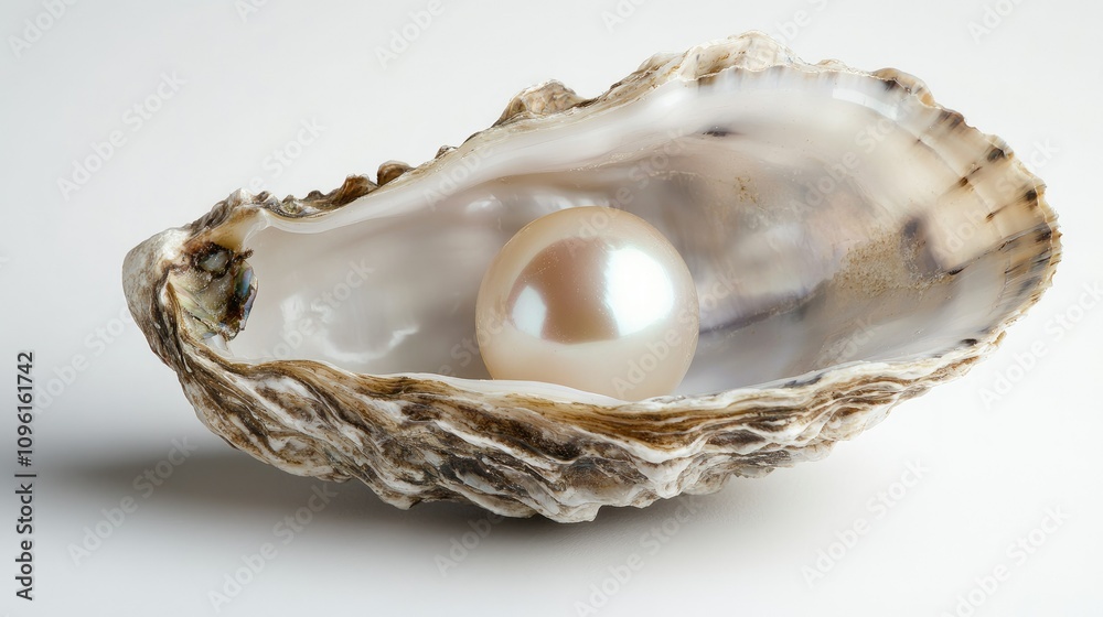 Elegant Oyster Shell with Lustrous Pearl on White Background Elegant Oyster Shell with Lustrous Pearl on White Background