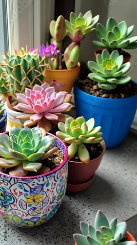 Wallpaper Mural Several small succulent plants in decorative pots are arranged on a windowsill Torontodigital.ca