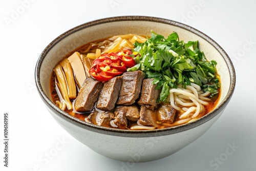 A bowl of noodles topped with beef, herbs, and chili, showcasing a delicious meal.