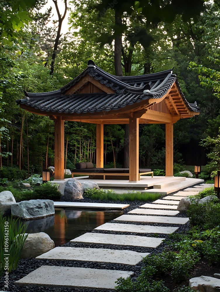 Serene Japanese-Style Garden Pavilion with Stone Pathway and Pond at Dusk. Serene Japanese-Style Garden Pavilion with Stone Pathway and Pond at Dusk.