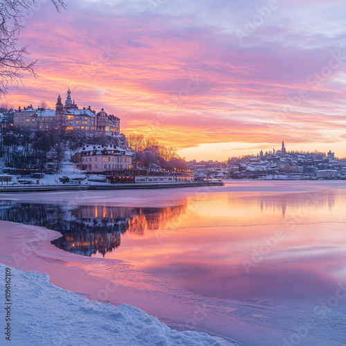 Stockholm, Sweden. Mariaberget and Sodermalm island in winter. Beautiful orange, violet and pink sky at twilight, reflected in frozen water of lake Malaren. photo