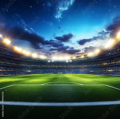 Night Stadium Scene Showing a Soccer Field Ready for a Game