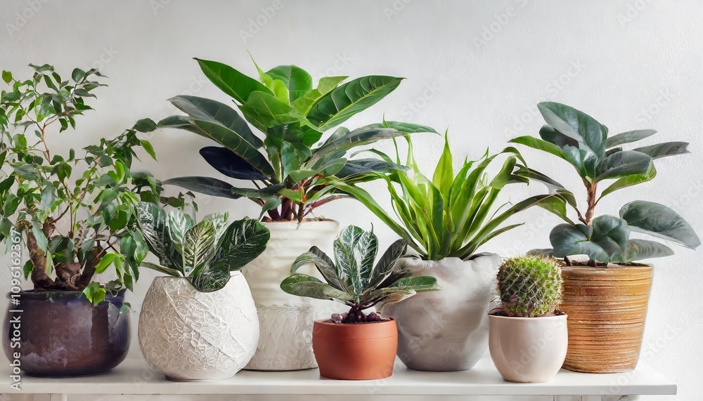 A stunning collection of diverse houseplants elegantly displayed in beautifully crafted ceramic pots, isolated on a transparent background, perfect for design projects, presentations, or A stunning collection of diverse houseplants elegantly displayed in beautifully crafted ceramic pots, isolated on a transparent background, perfect for design projects, presentations, or