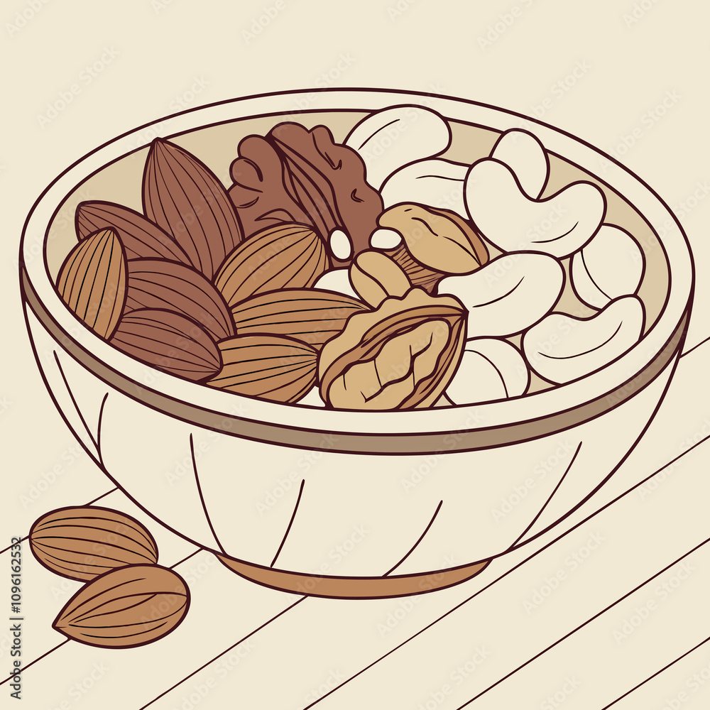 A bowl filled with various nuts placed on a wooden table, showcasing a mix of textures and colors. A bowl filled with various nuts placed on a wooden table, showcasing a mix of textures and colors.