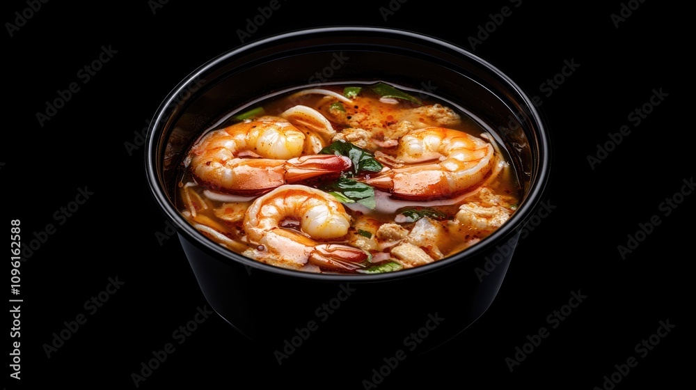 Spicy Tom Yum Goong soup with shrimp, featuring vibrant Thai spices in a rich broth, presented in a black bowl against a dark backdrop. Spicy Tom Yum Goong soup with shrimp, featuring vibrant Thai spices in a rich broth, presented in a black bowl against a dark backdrop.