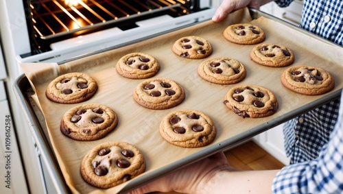 Homemade chocolate chip cookies on a baking sheet in the oven. photo