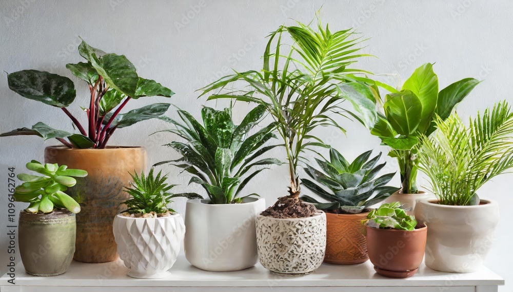 A diverse collection of houseplants artfully arranged in ceramic pots, isolated on a transparent background. Perfect for design, home decor inspiration, and plant-themed creative projects. A diverse collection of houseplants artfully arranged in ceramic pots, isolated on a transparent background. Perfect for design, home decor inspiration, and plant-themed creative projects.