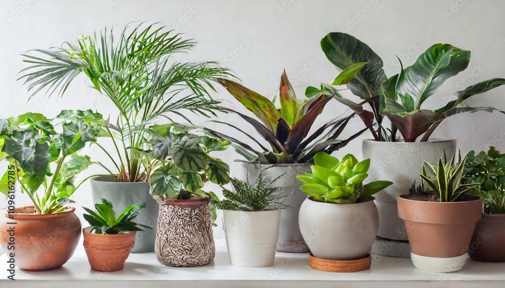 A vibrant collection of diverse houseplants in beautifully designed ceramic pots, presented on a transparent background for versatile use in creative and decorative projects. A vibrant collection of diverse houseplants in beautifully designed ceramic pots, presented on a transparent background for versatile use in creative and decorative projects.
