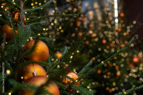 Close-up view of orange coloured Christmas baubles on branch of natural green spruce tree and Christmas lights. Soft focus. Copy space. Winter holidays street building decoration theme.