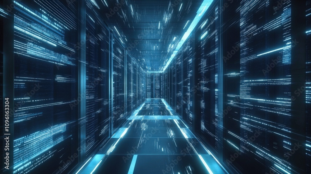 Digital Data Flow Corridor in a Server Room Digital Data Flow Corridor in a Server Room