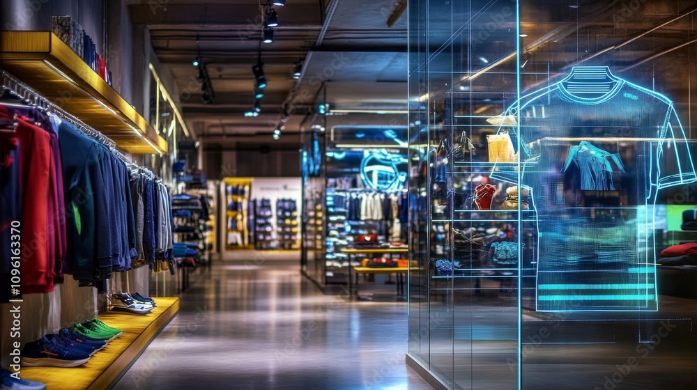 Fototapeta premium Modern and spacious clothing store interior with glass walls, concrete floor, and stylish clothing display including t-shirt, jacket, and shoes.