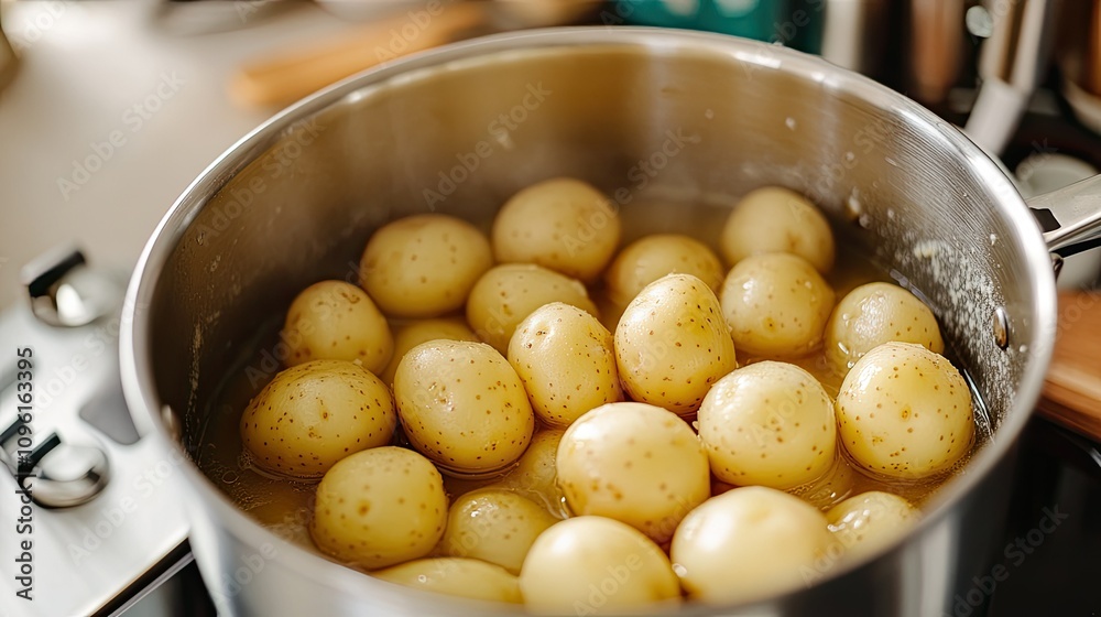 Fresh Small Potatoes Boiling in Stainless Steel Pot on Stove Fresh Small Potatoes Boiling in Stainless Steel Pot on Stove