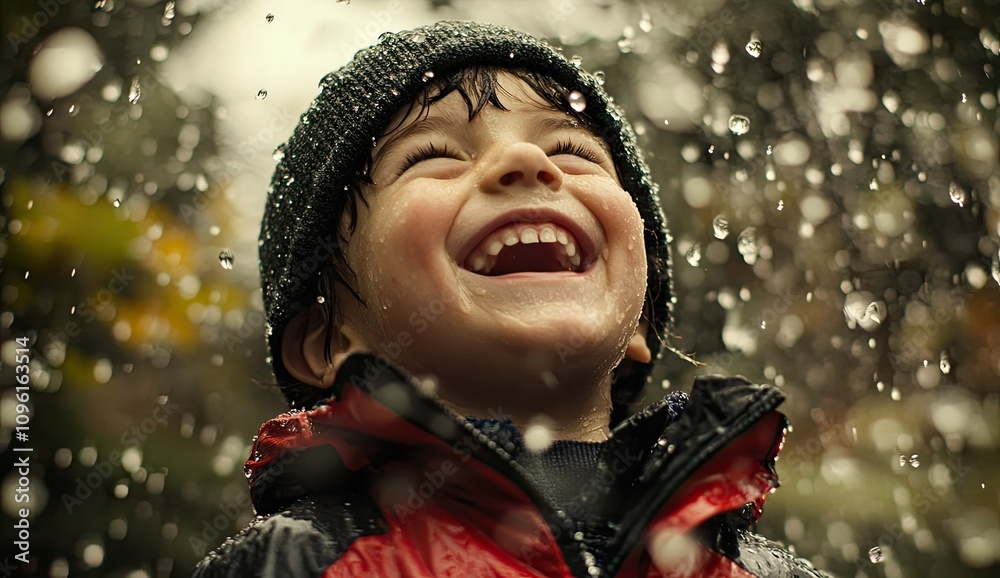 A happy child having fun under the rain, laughing and enjoying water splashes on their face A happy child having fun under the rain, laughing and enjoying water splashes on their face