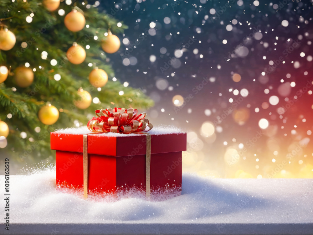 Red Christmas Gift Box on Snowy Surface with Christmas Tree in Background Red Christmas Gift Box on Snowy Surface with Christmas Tree in Background