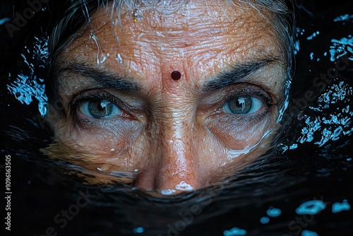 Serene eyes of an elderly woman emerging from water: calm and introspective expression photo