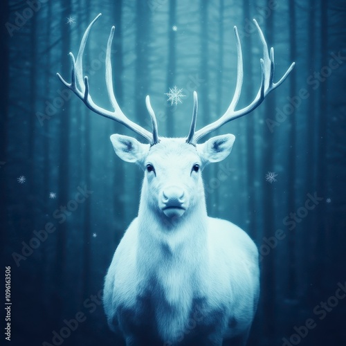 Majestic white stag in a mystical winter forest. photo