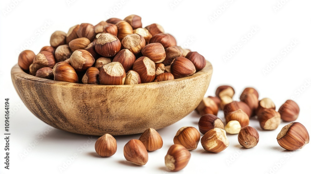 Fresh Hazelnuts in Wooden Bowl with Spill on White Background Fresh Hazelnuts in Wooden Bowl with Spill on White Background